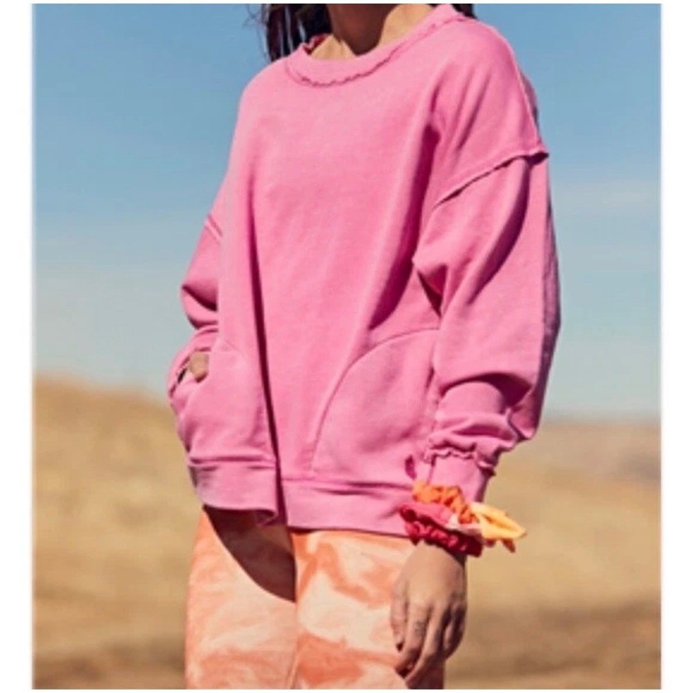 FP Movement Free People Pink Metti Crewneck Sweatshirt Raw Seam Pullover Small